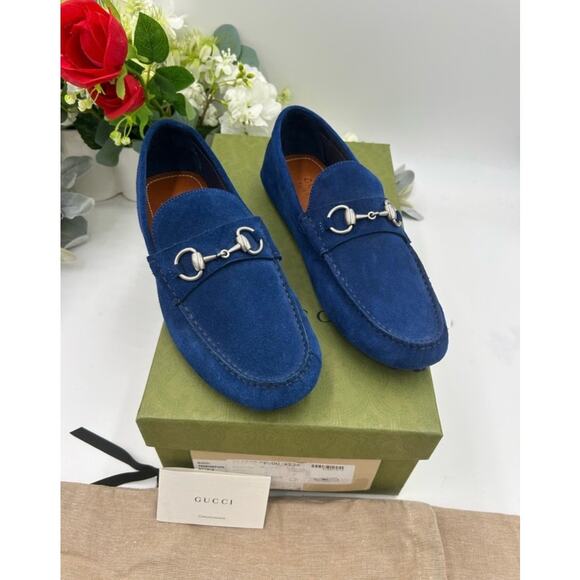 Men\'s Gucci horse bit blue suede loafers size 7 fits 7.5 US made in Italy main image 11